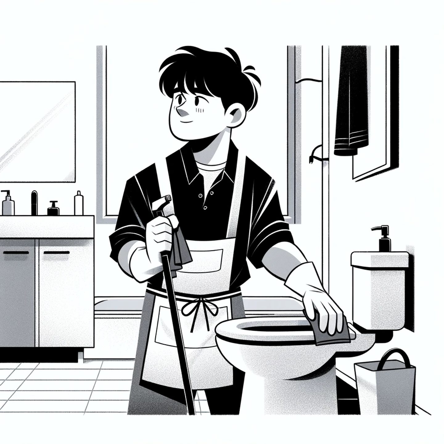 DALL·E 2024 01 22 17.03.20 A Black And White Illustration Of A Person Cleaning A Bathroom With A Style Thats Slightly More Lifelike Than A Cartoon But Not As Detailed As Semi